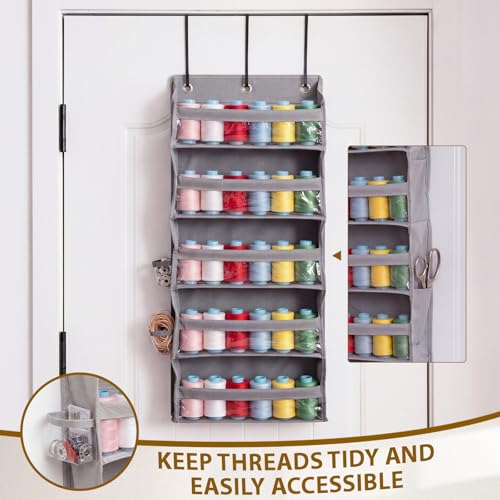 Tegeme 5-Tier Hanging Thread Holder with PVC Window & Side Pocket,Gray - color: Gray