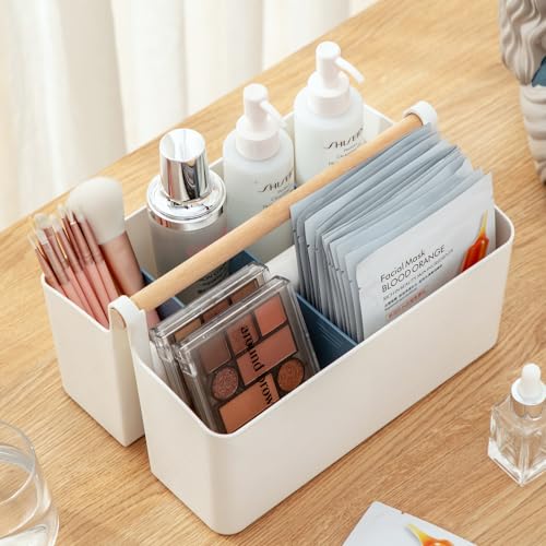 Vidifor Large Portable Basket with Handle, Plastic Craft Storage Organizer Caddy Tote with Adjustable Divided for Makeup Art Supplies, Sewing, Colored Pencils-Blue - color: White+Blue