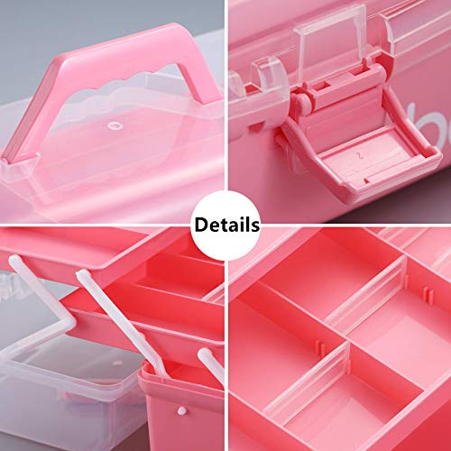 Kinsorcai 12'' Three-Layer Clear Plastic Storage Box with Handle, Craft Tool Box, 3 Layer Pink Tackle Box for Women, Organizer Box for Sewing Art and Cosmetic (Pink) - color: pink, size: 1PCS