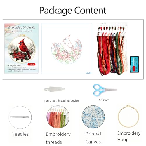 Zhenqing Cardinal Embroidery Kit for Beginners, Red Bird & Holly Needlework Craft with Pre-Printed Cotton Fabric, Hoop, Threads & Tools, Winter Holiday Decor (C0202) - color: Cardinal