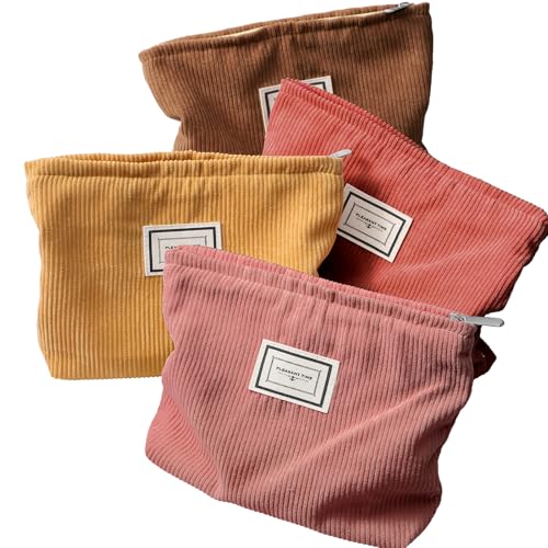 4 Pack Velvet Corduroy Makeup Bag Zipper Pouch,Yellow Brown Series,Plaid - color: Yellow Brown Series