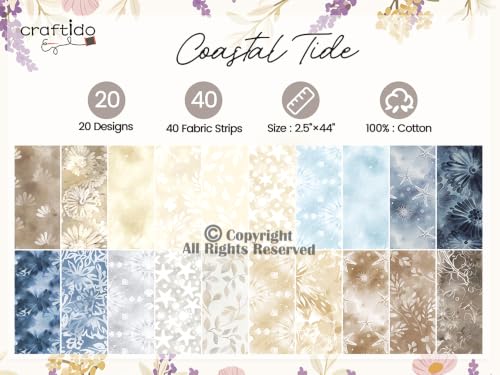 Craftido-20 Options-100% Cotton Jelly Roll Fabric Precut Strips for Quilting, Crafting, and Sewing, 40 Strips 2.5" x 44" Assorted Bundles for Rugs, Quilts, DIY Crafts and Home Decor-Coastal Tide - color: Coastal Tide