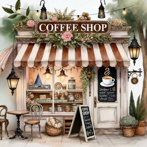 KYOQFVN Coffee Shop Cross Stitch Kits for Adults - House Embroidery Kits for Beginners Adults, 11 CT Patterns Dimensions Counted Cross Stitch Kits for Adults Arts Craft 14x14 inch - color: SZXCOFFEE-US