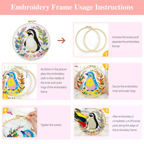 Zhenqing 4-Piece Animal Cross Stitch Kit for Beginners - Complete Set with Pre-Printed 11CT 24x24cm Fabric, Hoop & Tools (Penguin, Sloth, Cow, Deer Designs)(70405) - color: 70405