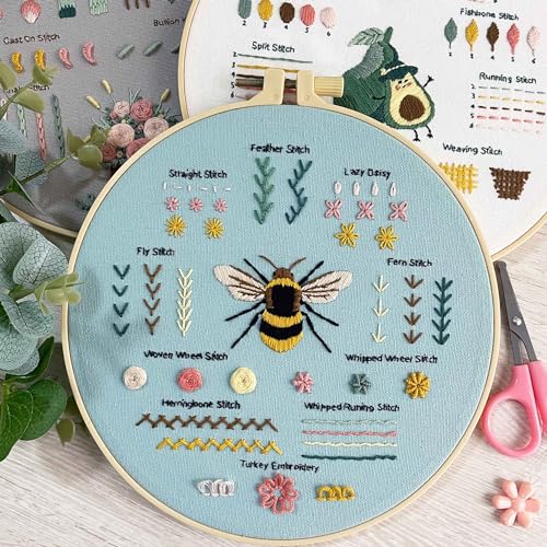 Myfelicity 3 Embroidery kit for Beginners, Beginner Embroidery Kit for Adults. Starter Kits to Learn 28 Different Stitches, Including Fabric with Prints, Threads, Needles, Hoop and Video tutorials… - color: 28 Stitch Kit