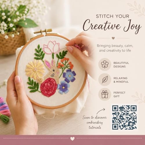 Embroidery Kit for Beginners Adults & Teens - Complete Starter Set with Rabbit & Flower Patterns, Practice Samples, Embroidery Hoop, Threads & Needles - DIY Hand Embroidery Craft Gift
