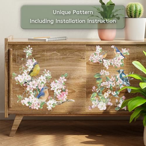 Floral Rub on Transfer for Furniture Vintage Large Flower UV DTF Transfer Sticker for Wood Glass Home Decor, Apple Blossom and Bird - style: Apple Blossom and Bird