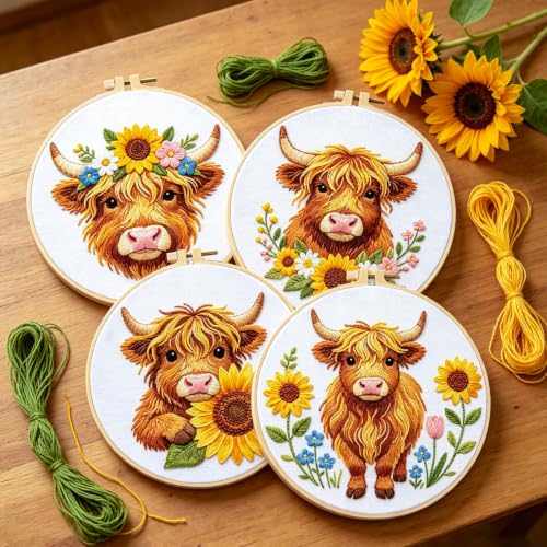 BEUNITONE 4pcs Embroidery Kit, Highland Cow & Sunflowers Stamped Embroidery Kits with Hoop, Thread & Needles, Colorful Cross Stitch Kits Sewing Gifts for Adults and Beginners, DIY Craft for Relaxation - style: A-Highland Cattle