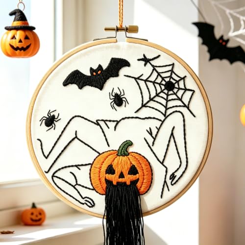 Halloween Embroidery Kits for Beginners Adults, Spooky Spider Bat Embroidery Kits, Stamped Cross Stitch Kits Needlepoint Kits for Adults Woman Halloween Gifts, Embroidery Hoop, Thread, Video Tutorial - color: H2076