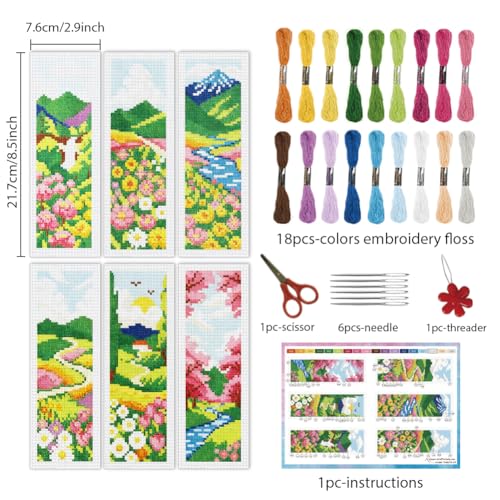 INFUNLY 6 Set Spring Scenery DIY Cross Stitch Bookmark Kits for Adults Wildflowers Counted Cross Stitch Kit with Instructions Landscape Stamped Embroidery Bookmark Kit for Book Lovers Readers Gift - style: Spring Scenery