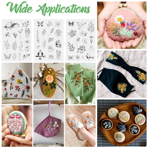 Magibeads 60 Patterns Leaf Flower Bird Insect Water Soluble Embroidery Patterns Plant Bonsai Butterfly Spring Stick and Stitch Transfer Embroidery Paper for Adult Beginners Hand Sewing Starter Kit - color: Flower & Leaf & Butterfly