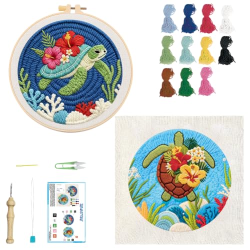 BEUNITONE 2PCS Punch Needle Kits with Sea Turtle Pre-Print Pattern Easy for Beginners, DIY Craft Embroidery Needlepoint Kits for Adults with Hoop Punch Needle Set for Craft Lovers Home Decor 7.9x7.9 - color: 09-Sea turtle