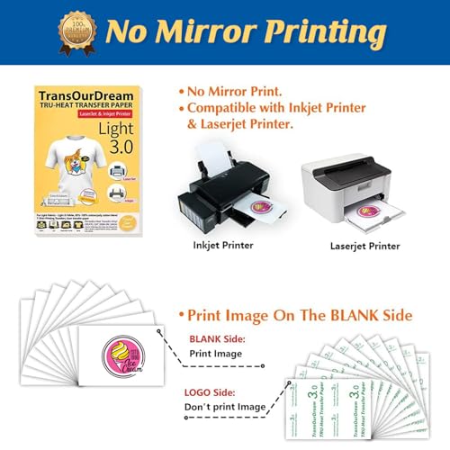 TransOurDream Tru-Heat Transfer Paper for Inkjet & LaserJet Printer (500 Sheets 8.5x11, 3.0) Printable HTV Heat Transfer Vinyl for T Shirts Iron on Transfers for Light Fabrics - color: Light, size: 500 Sheets