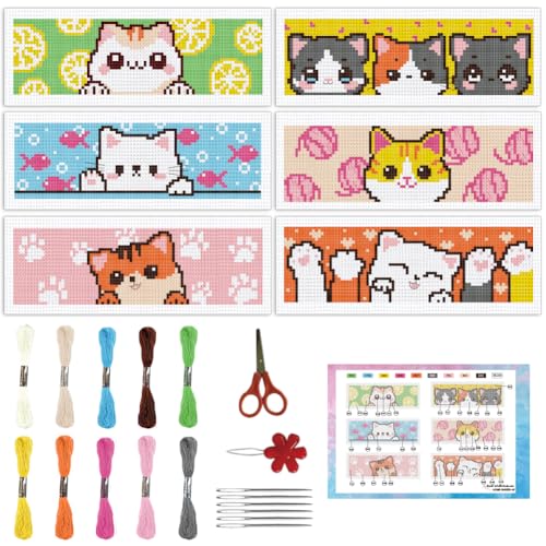 INFUNLY 6pcs Cartoon Cat DIY Cross Stitch Bookmark Kits for Beginner 8.66"×3.15" Cute Kitten Stamped Embroidery Kit with Instruction Pussycat Printed Bookmark Kits for Cat Lovers Book Readers Writers - style: 6pcs Cartoon Cat