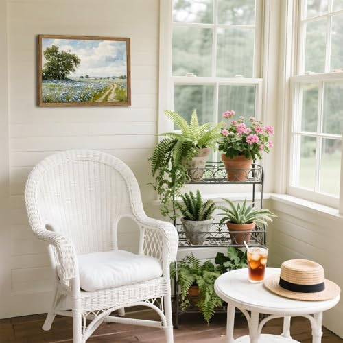 Framed Vintage Canvas Wall Art, Country Landscape Wildflower Field Wall Decor Paintings, Rustic Nature Pictures Prints Home Decor for Living Room Bedroom Bathroom Farmhouse 16x24 inch - color: Blue Wildflower, size: 24"L x 16"W
