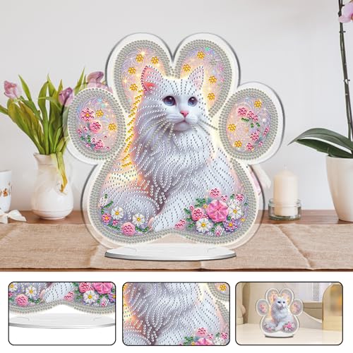 POETRYDRAW Diamond Art Ornament Desktop Kit Cat Flower, Stand Up Diamonds Painting Ornament for Adults, 5D DIY Special Diamond Gem Craft Tabletop Placement Board Kit - color: Cat Flower