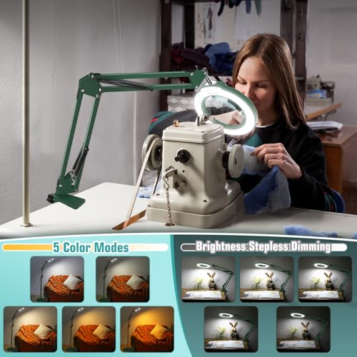 12X Magnifying Glass with Light and Stand, Real Glass Lens (Not Acrylic), 5 Color Modes, Stepless Dimmable, LED 3-in-1 Floor Lamp, Swing Arm with Clamp, Lighted Magnifier Hands Free for Crafts - Green - color: Green