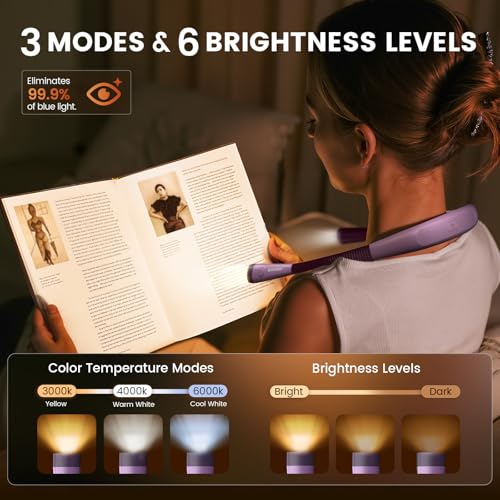 Glocusent Reading Light,LED Neck Light,80-hr Rechargeable Book Light - color: Purple, size: Standard-Medium