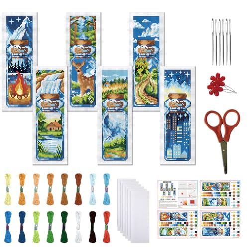 FREEBLOSS 6 Set Cross Stitch Bookmark Kit 11CT DIY Cross Stitch Kits Travel Bottle Pattern Stamped Embroidery Kit with Instructions Bookmark Making Set for Adult Beginners 8x2.4inch