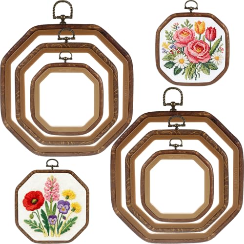 BrightRow 6 Pcs Large Embroidery Hoop Set Decorative Imitated Wood Display Frame Cross Stitch Hoop Ring for Art Craft DIY Sewing and Hanging Ornaments Decor (Octagonal,10+13.9+18.5 cm) - size: 10+13.9+18.5 cm, style: Octagonal