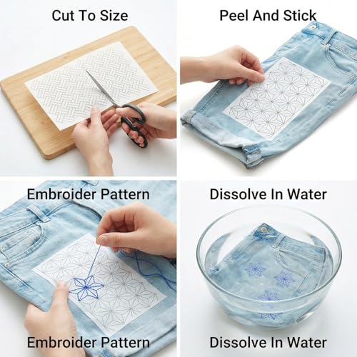 12 Sheets Pre-Printed Water Soluble Stabilizer with Sashiko Patterns, Stick and Stitch Embroidery Transfer Paper for Hand Sewing, Quilting and Embroidery