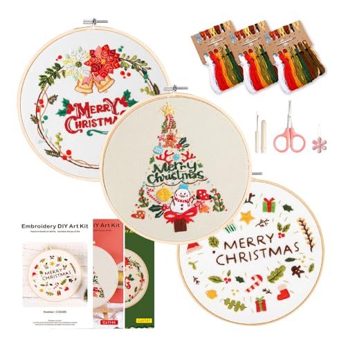 wtisan Christmas Embroidery Kit, Cross Stitch Kits for Beginners, Needlepoint with All Tools & Instructions, Stamped Hand Embroidery Starter Kit for Holiday Crafts & Xmas Home Decor, W12 - color: W12, size: 3 Pack