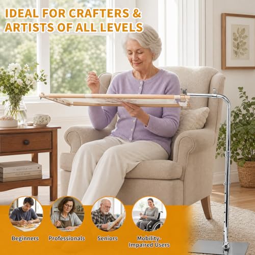 Rotating Adjustable Embroidery Floor Rack with Side Clamp, Metal Needlepoint Support Compatible with Lowery, Fits Q-Snap Frames & 20 Inch Scroll Rods