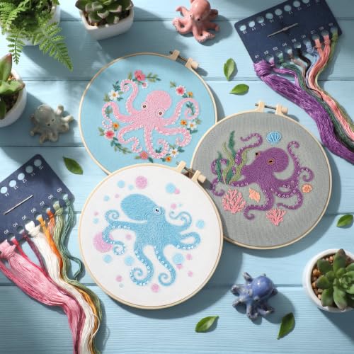 Mindsoft 3 Set Needlepoint Kit for Beginners with Hoop,Octopus - style: Octopus