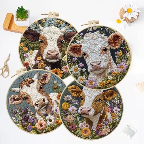 LB 4 Pack Farmhouse Cow Embroidery Kit for Beginners Rustic Floral Plant Beginner Embroidery Kit for Adults DIY Starter Kit with Embroidery Hoop Colorful Threads Tools and Instructions - color: White