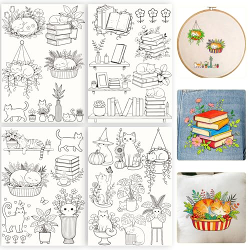 27Pcs Water Soluble Embroidery Paper Patterns 11.7" x 8.3" Stick and Stitch Embroidery Paper Wash Away Patterns Cat Plant Transfer Paper Stabilizer Hand Sewing Crafts for Shirts Coats Bags - color: Cat
