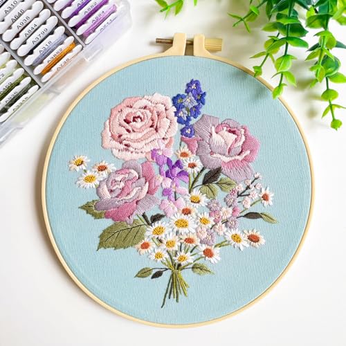 Silentsea Embroidery Kit, Floral and Nature Designs, 3-Pack with Hoops, Needlework Pattern Set (Flower-2) - color: flower-2