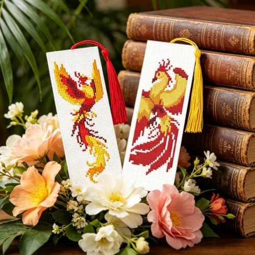 ACRNIGHEET 6PCS Cross Stitch Bookmark Kit for Beginner Stamped Cross Stitch Kits for Adults Phoenix DIY Tassel Embroidery Bookmark Kits Needlepoint Kit with Instructions Craft Gift 8.5''x3'' 11CT - style: Phoenix with Tassel