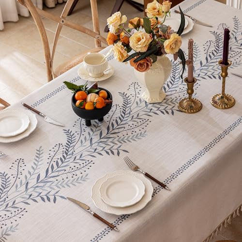 Joyfol Day Rustic Waterproof Linen Tablecloth, Heavy Weight Fern Embroidery Table Cloths for Rectangle Tables, Farmhouse Spill-Proof Table Covers with Tassels, Blue 55''x 70'' - color: Blue Fern, size: 70" x 55" (Rectangular)