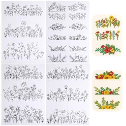4 Sheets Water Soluble Embroider Pattern Stabilizer Stick and Stitch Embroidery Patterns Flower Stick and Stitch Embroidery Paper Wash Away with Pre-Printed Flower Leave Butterfly for Hand Sewing Love