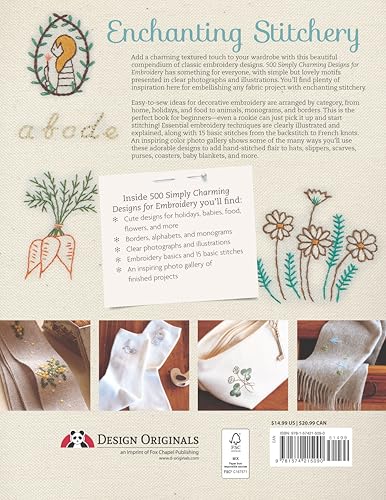 500 Simply Charming Designs for Embroidery: Easy-to-Stitch Monograms and Motifs (Design Originals) Patterns for the Home, Holidays, Food, Animals, and Borders, with Stitch Guide and Gallery