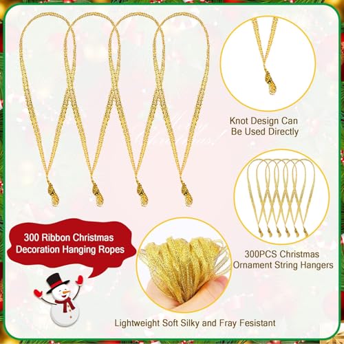 JUNEBRUSHS 300Pcs Christmas Ornament Hangers, Hand Tied String Ties, Ribbon Loops for Christmas Tree Hanging Decorations (Gold) - color: Gold