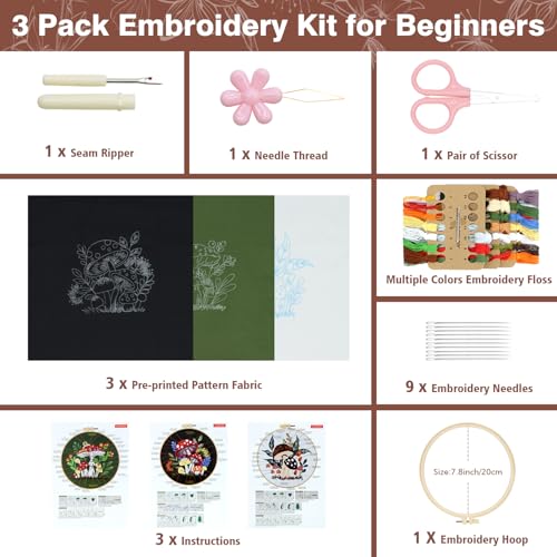 RidaaFri Embroidery Kit for Beginners, 3 Pk Stamped Mushroom DIY Craft