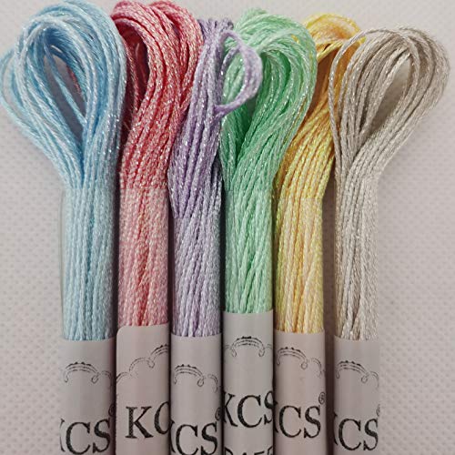 KCS 6-Strand Cross Stitch Metallic Variegated Pearl Shiny Embroidery Floss (6 skeins, Solid Color 3) - color: Solid color 3