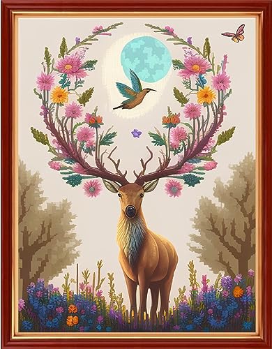 Dimensean Stamped Cross Stitch Kits Full Range of Embroidery Patterns Starter Kits for Beginners Adult DIY Cross Stitches Needlepoint Kits 11CT-Flower Elk 15.7x19.7 inch - color: Pattern Style 01