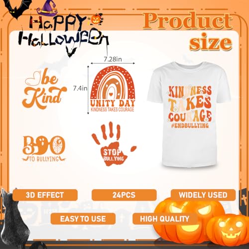 Dtf Transfers Ready to Press - 24Pcs Halloween Anti Bullying Iron on Transfers Unity Day Orange Iron on Decals Patches Kindness Squad Heat Transfer Vinyl Stickers for Clothing Pillows Bag DIY Crafts - color: Anti Bullying