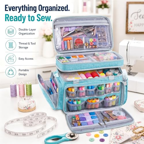AMOIGEE Double Layer Sewing Organizer Bag with 2 Clear Storage Sewing Boxes - color: Turquoise