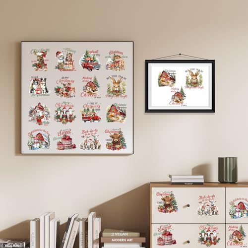 Vintage Christmas Rub on Transfers for Crafts - Wxiben 16 Sheets Farmhouse Rub on Transfers for Furniture Highland Cow Reindeer Sheep Animal Rub on Transfer Stickers for Wood DIY Craft Home Decor - style: Farmhouse Christmas