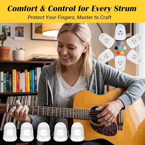 50 Pcs Guitar Fingertip Protectors, 5 Sizes Silicone Finger Tips Protectors with 10 Picks for Acoustic Electric Guitar Ukulele Banjo Mandolin, Reusable Practice Kit