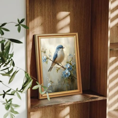 Wojuin Framed Vintage Blue Bird Floral on Branch Canvas Wall Art 12x16 inch - color: Bird, size: 16"L x 12"W
