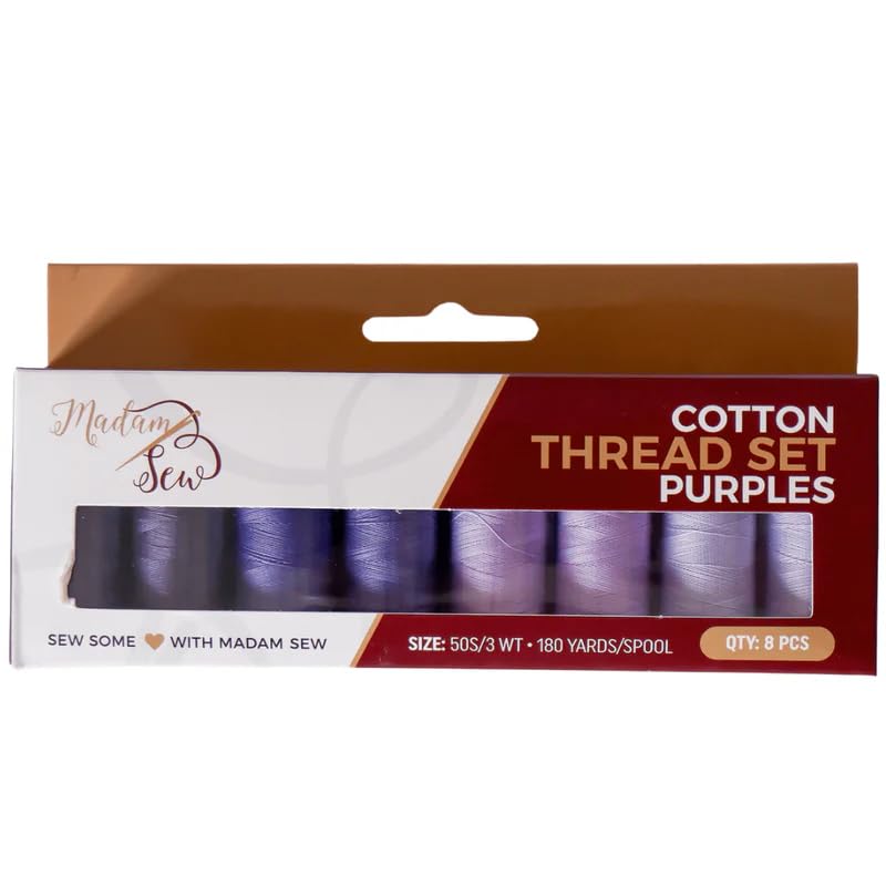 Madam Sew Cotton Thread Set – 8 Small Spools – 100% Cotton Thread for Sewing Machine & Hand Stitching | Strong, Low-Lint All Purpose Threads for Fabric, Quilting, and Stitching – Purples - color: Purples