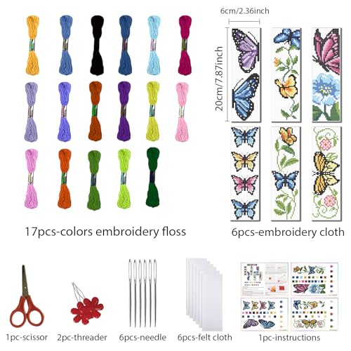 FREEBLOSS 6 Set Butterfly Cross Stitch Bookmark Kit Stamped Cross Stitch Kit Stamped Embroidery Bookmark with Instruction Cross Stitch Kits for Adults DIY Bookmark Kit 8.66''x3.14'' - style: Butterfly