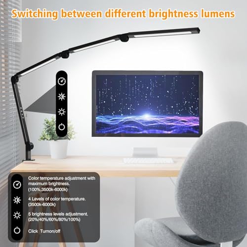 AILBTON Bright LED Desk Lamp with Clamp,Eye Caring Architect Led Desk Lights with Adjustable Swing Arm for Office Home,Dimming and Tempering Led Table Light