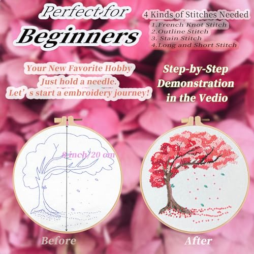 FONNUY Crewel Embroidery Kit for Beginners, Seasonal Tree Pre-Stamped Pattern Kits for Adults with Hoop, Easy to Follow Color Thread Needlework, 8'' (Pink) - color: Pink