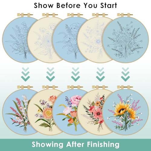 ERKOON Embroidery Kit for Beginners, 5 Sets Flower Cross Stitch Set for Adults Include Embroidery Cloth Hoops Threads for Craft Lover Hand Stitch with Skill Techniques (Bouquet) - color: Bouquet