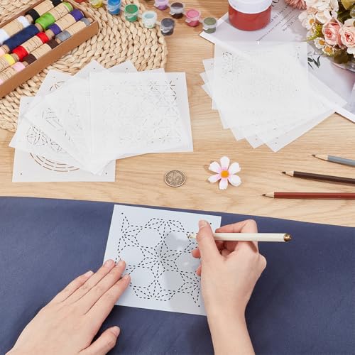 BENECREAT 12Pcs Plastic Sashiko Stencil, 5x5inch Dense Grid Pattern Embroidery Tool Drawing Line Template for Hand Quilting and Embroidery, 0.3mm Thick - style: Dense Grid Patterns